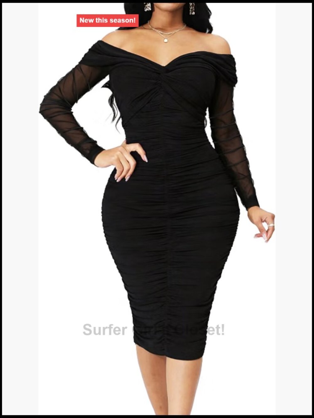 Off Shoulder Ruched Mesh Bodycon Cocktail Party Dress Long Sleeve